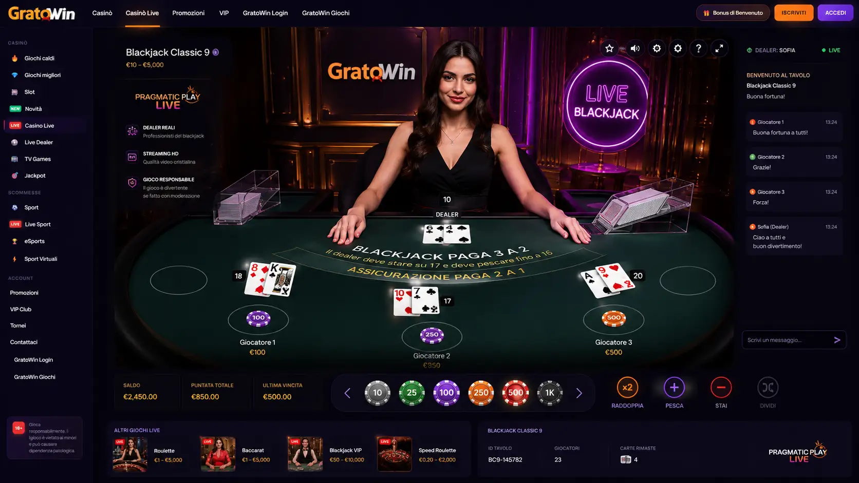 Tavolo blackjack live GratoWin Pragmatic Play con dealer in streaming HD 2026