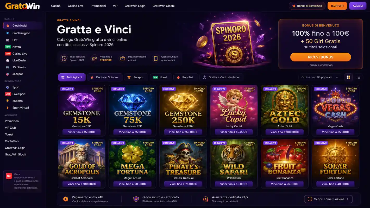 Schermata di gioco GratoWin gratta e vinci Gemstone 75K con animazione rivelazione simboli 2026
